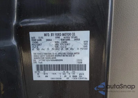 2006 Ford F-150 Xl/Xlt z USA, uszkodzony, nr VIN 1FTRF12V16NA89299